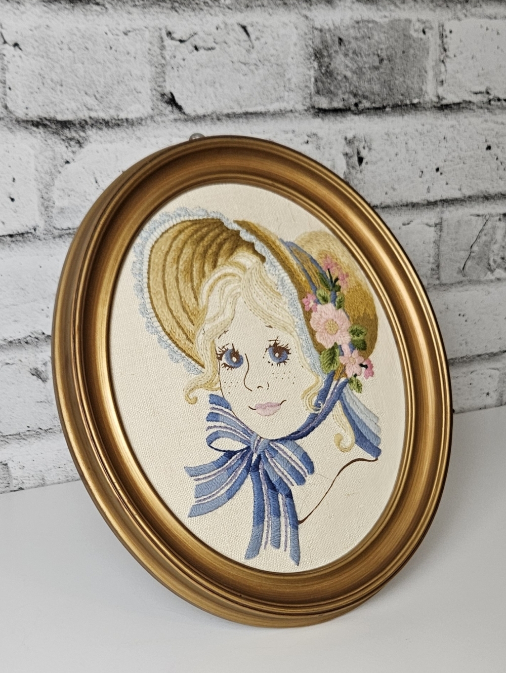 Vintage Framed Needlepoint Girl Portrait 12x10 Wall Art